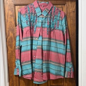 Striped Button-Down Shirt with Fringe Detail - Coral & Teal